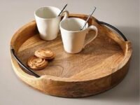 Medium Rustic Round Wooden Serving Tray 10x10x2 Inches - Handcrafted Mango Wood with Iron Handles - Decorative Kitchen & Dining Table Tray - Brown