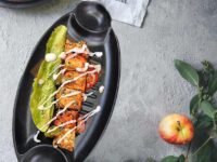 Melamine Serving Platter with Double Dip | Rectangle Grill Tray for Tikka, Momos, French Fries & Snacks | Durable Black Serving Dish (1 Piece)