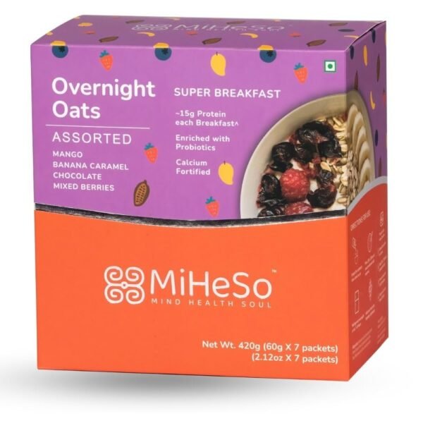 MiHeSo Overnight Oats 420g Assorted | Healthy Rolled Oats & Oatmeal Breakfast | 15g High Protein | High Fibre Calcium | Gluten Free Oats | No Added Refined Sugar | For Weight Loss Women & Men