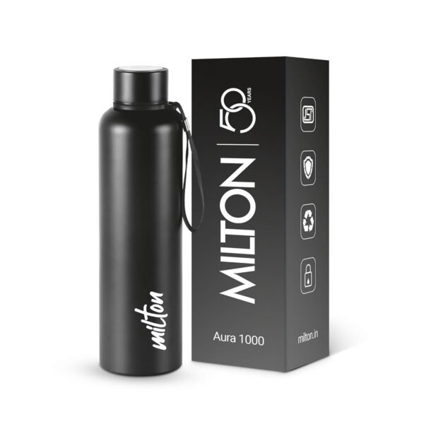 Milton Aura 1000 Thermosteel Water Bottle, 24 Hr Hot and Cold I Leak Proof Lid, ISI Certified I Vacuum Insulated I for Office, Gym, School I Black