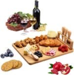 MosQuick®Bamboo CheesePlatter Board and Knife Set,Wood Charcuterie Board Set,A Perfect Serving Platter for Meat,Cheese,Crackers& Wine All Natural Bamboo with 4 Stainless Steel Cheese Knives and Server