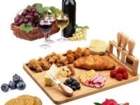 MosQuick®Bamboo CheesePlatter Board and Knife Set,Wood Charcuterie Board Set,A Perfect Serving Platter for Meat,Cheese,Crackers& Wine All Natural Bamboo with 4 Stainless Steel Cheese Knives and Server