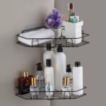 Multipurpose Bathroom/Kitchen Corner Storage Organizer Wall Mounted Rack Shelf Shower Caddy (No Drilling - Shelf Adhesive) Bathroom Accessories Storage Rack (Black, Pack Of 2)