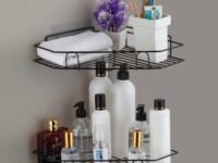 Multipurpose Bathroom/Kitchen Corner Storage Organizer Wall Mounted Rack Shelf Shower Caddy (No Drilling - Shelf Adhesive) Bathroom Accessories Storage Rack (Black, Pack Of 2)