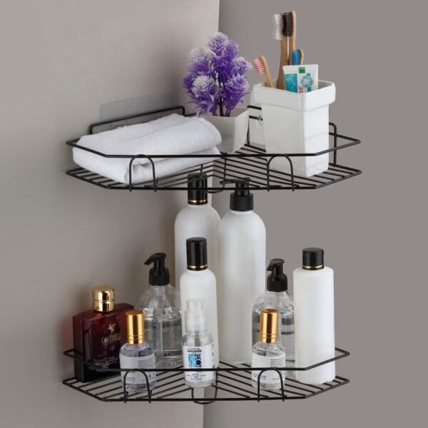 Multipurpose Bathroom/Kitchen Corner Storage Organizer Wall Mounted Rack Shelf Shower Caddy (No Drilling - Shelf Adhesive) Bathroom Accessories Storage Rack (Black, Pack Of 2)