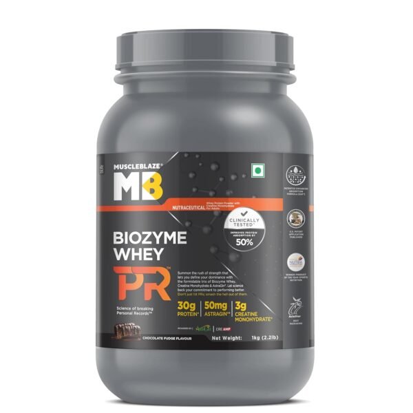 MuscleBlaze Biozyme Whey Protein PR Powder with 30g Protein, 3g Creatine Monohydrate & 50mg AstraGin (Chocolate Fudge, 1kg / 2.2lbs) | Trustified Gold Certified
