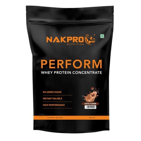 NAKPRO PERFORM Whey Protein Concentrate | 23.1g Protein, 5.7g BCAA | Added Digestive Enzymes | Easy Mixing, Easy Digesting, Fast Absorbing Whey Protein Powder for Men & Women | 1 Kg Coffee Flavour (30 Servings)