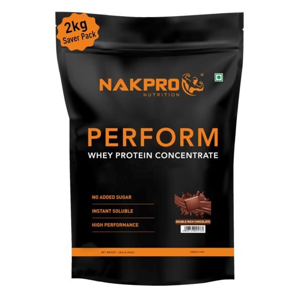 NAKPRO Perform Whey Protein Concentrate 2kg DoubleRich-Chocolate | 24g Protein, 5.3g BCAA | Trustified Certified 100% Authentic Supplement Powder & No Adulteration | Fast Absorbing Whey Protein Powder
