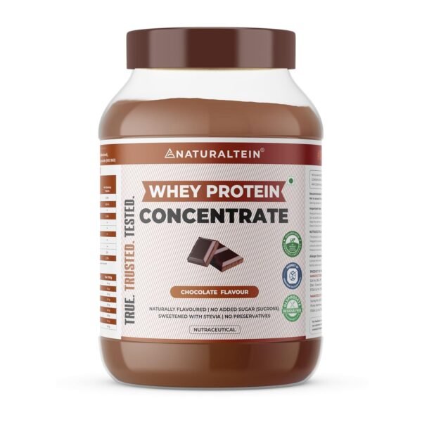 NATURALTEIN Natural Whey Protein Concentrate Chocolate – 1 kg | 21.8 g Protein per 30 g Serving | Naturally Flavoured | Non-GMO | No Artificial Sweeteners | Smooth Taste & Easy Mixability