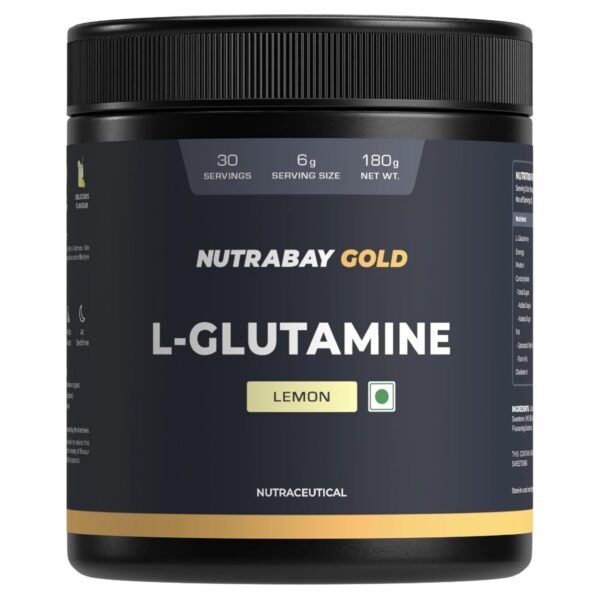 Nutrabay Gold L-Glutamine Supplement Powder 180g, Lemon Flavor – Post Workout Amino Acid for Muscle Growth & Recovery | 100% Authentic Supplement | No Banned Substances | Tested for Purity
