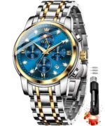 OLEVS Chronograph Watches for Men Original Analog Quartz Black Stainless Steel Chain Luxury Dual Time Zone Moon Phase Date Waterproof Men's Wrist Watch