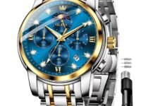 OLEVS Chronograph Watches for Men Original Analog Quartz Black Stainless Steel Chain Luxury Dual Time Zone Moon Phase Date Waterproof Men's Wrist Watch
