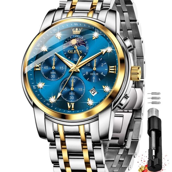 OLEVS Chronograph Watches for Men Original Analog Quartz Black Stainless Steel Chain Luxury Dual Time Zone Moon Phase Date Waterproof Men's Wrist Watch