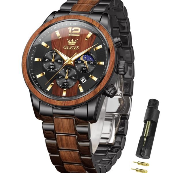 OLEVS Chronograph Watches for Men Original Analog Quartz Gold Silver Stainless Steel Metal Strap Blue Luxury Moon Phase Date Waterproof Branded Men's Wrist Watch