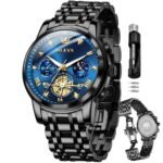 OLEVS Mens Chronograph Watch Gold Silver Stainless Steel Chain Quartz Wrist Watches Business Dress Waterproof Luminous Date Watch