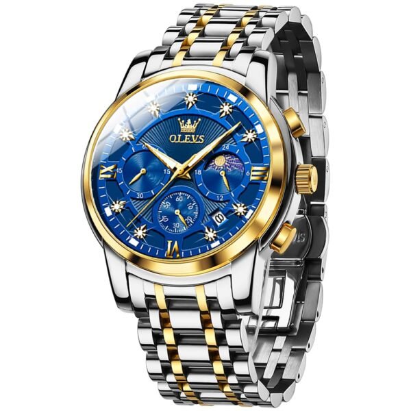 OLEVS Mens Watches Chronograph Diamond Quartz Date Calendar Moon Phase Luxury Two Tone Stainless Steel Waterproof Luminous Business Wrist Watch