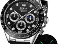 OLEVS Watches for Men Analog Quartz Chronograph Watch Moon Phase Waterproof Black Silicone Diamond Dress Luminous Easy Reader Wrist Watches
