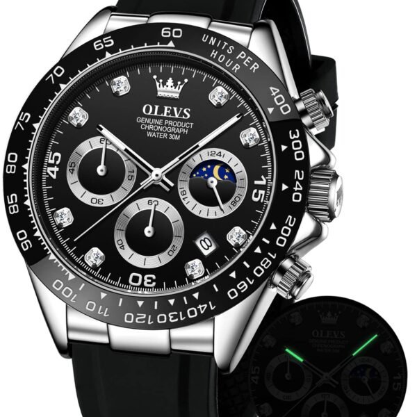 OLEVS Watches for Men Analog Quartz Chronograph Watch Moon Phase Waterproof Black Silicone Diamond Dress Luminous Easy Reader Wrist Watches