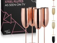 Oak & Steel - Set of 4 Rose Gold Champagne Flutes (10oz) Stainless Steel Stemmed Champagne Glass for Mimosa, Party Toasting, Gift for Bride & Grown, Wedding, Birthday, Anniversary, Christmas