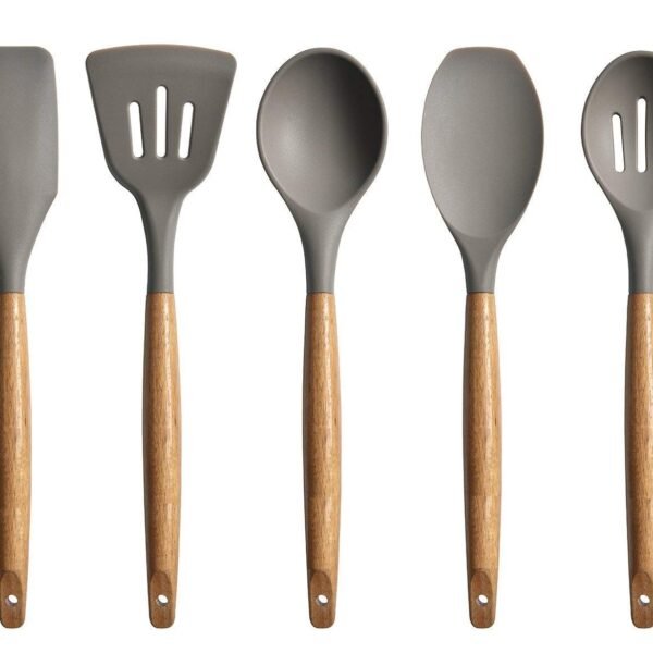P-Plus International Silicone Spatula Set 5-Piece - 500ºF Heat-Resistant Baking Spoon Spatula - Seamless One-Piece Design Easy to Clean - Non-Stick Silicone Stainless Steel Core (Wooden 5A)