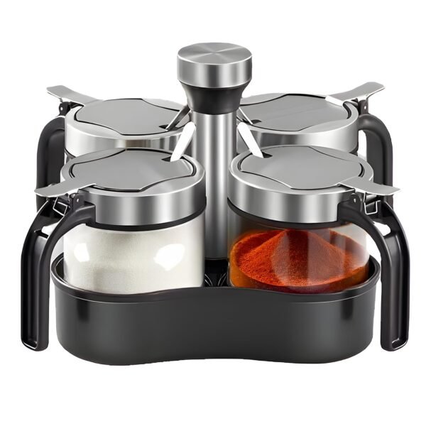 PRIME PICK Revolving Condiment Pots for Pickle Salt & Pepper Cellar with Lid and Spoon, Set of 4 Glass Pickle Orgnaiser with 360 Rotating Holder Tray for Kitchen, 4 Pots, Transparent