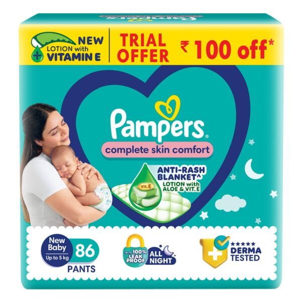 Pampers Complete Skin Comfort Pants, Anti-Rash Blanket, Lotion with Vitamin E & Aloe Vera, New Born, Extra Small Size Baby Diapers (NB,XS) 86 Count, Upto 5kg