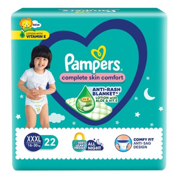 Pampers Complete Skin Comfort Pants Style Baby Diapers, XXX-Large (XXXL) Size, 22 Count, Anti Rash Blanket, Lotion with Aloe Vera, 16-30 kg