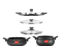 Pigeon All in One Value Pack Hard Anodized Super Cooker with Induction Base Outer Lid, 5 Litre and 3 Litre, 3 Lids (Pressure Lid, Strainer Lid and Serving Lid), Black