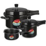 Pigeon by Stovekraft Hard Anodised Aluminium Pressure Cooker Combo - 2 L , 3 L and 5 L Induction Base Outer Lid Cooker (14414, Black)