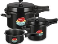 Pigeon by Stovekraft Hard Anodised Aluminium Pressure Cooker Combo - 2 L , 3 L and 5 L Induction Base Outer Lid Cooker (14414, Black)