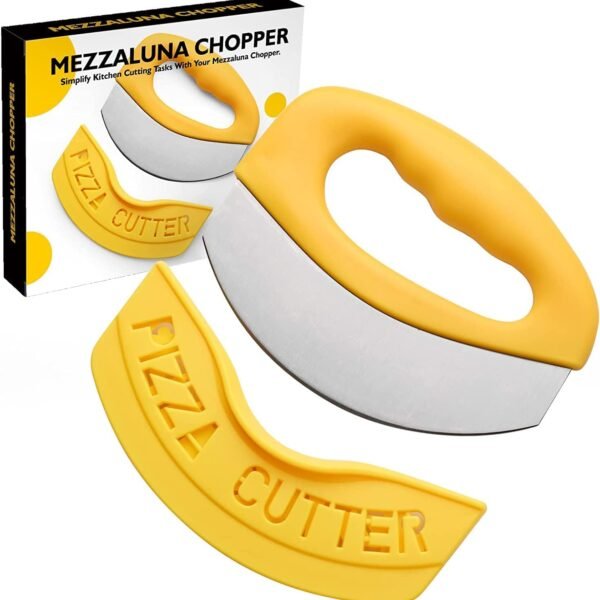 Pizza Cutter Food Chopper-Super Sharp Blade Stainless Steel Pizza Cutter Rocker Slicer with Protective Sheath Multi Function Pizza Knife Kitchen Tools,Dishwasher Safe - Yellow