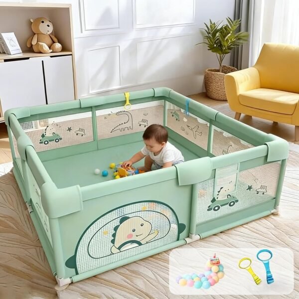 Playpen 150x180cm for Baby 0-5 Years with Safety Lock, Playard with 5-10 Ocean Balls and 2 Grasp Rings (No Mat, Non-Foldable) - Green