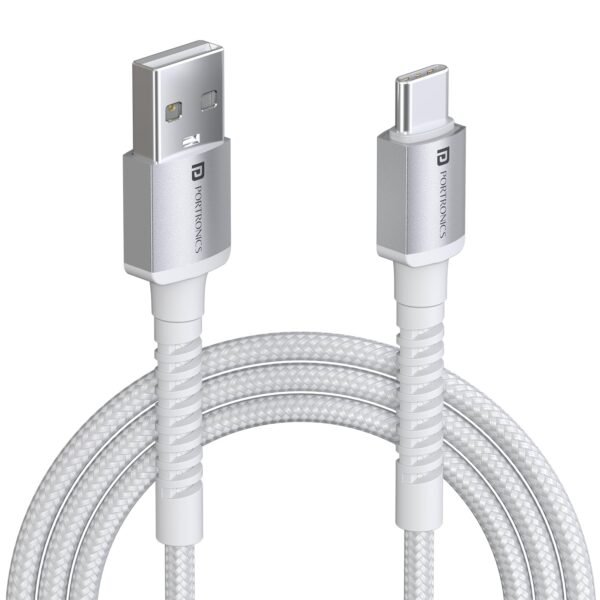 Portronics Konnect X 3A Unbreakable Nylon Braided USB to Type C Fast Charging Cable 2M Long, Supports All Type C Smartphones and Devices(White)