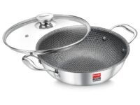 Prestige 24cm/2.7L Tri-Ply Stainless Steel Hexamagic Kadai with Lid| Honeycomb Structure|Durability of Triply|Metal Spoon Friendly| Gas & Induction Compatible|Dishwasher Safe|Low Oil Consumption|Grey