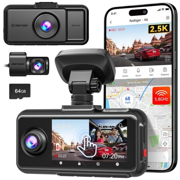 REDTIGER A6 3 Channel 2.5K Front + 1080P Rear and Interior Dash Cam with 64GB Card, Supports 4K + 1080P Dual Mode, 5G WiFi, GPS, 3" Touch Screen, Voice Control, Adjustable Mount and Cabin Camera