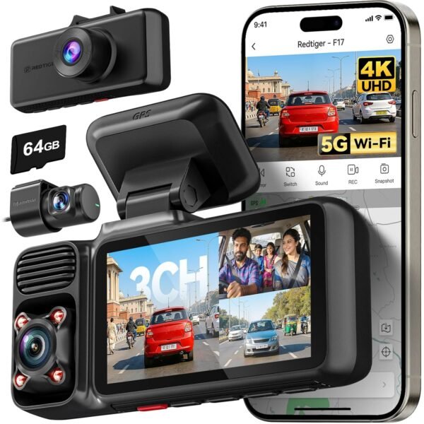 REDTIGER F17 4K 3 Channel Dash Cam 5G WiFi Built-in GPS, Free 64GB Card, 2160P+1080P+1080P Front and Rear Inside Loop Recording, Triple Car Camera with 3 Inch Screen, IR Night View, WDR, Parking Mode