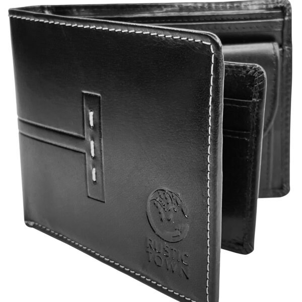 RUSTIC TOWN Mens Wallets - Full Grain Leather RFID Wallet for Men with ID Window, Card Slots and Coin Pocket (Large, Black)