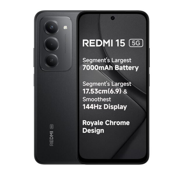Redmi 15 5G Midnight Black 6GB + 128GB | Segment's Largest 7000mAhA Battery | Segment's Largest Display 17.53cm(6.9) Up to 144Hz | Snapdragon 6s Gen 3 | 18W Reverse Charging | 50MP AI Dual Camera