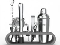 SAKI|10 Piece Bartender kit (Cocktail Shaker Gift Set with Gray Stand), Bartender Kit: Shaker, Spoon, Jigger, Muddler, Strainer, Wine & Beer Bottle Opener, Pour Spouts & Tongs (with Colour Box)