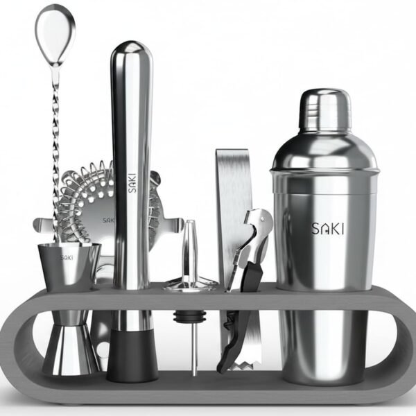 SAKI|10 Piece Bartender kit (Cocktail Shaker Gift Set with Gray Stand), Bartender Kit: Shaker, Spoon, Jigger, Muddler, Strainer, Wine & Beer Bottle Opener, Pour Spouts & Tongs (with Colour Box)