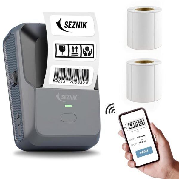 SEZNIK Josh Bluetooth Thermal Label Printer | Inkless Mini Rechargeable | MRP, Barcode, Excel File Printing | Cloud, Mobile, Desktop | Jewellery, Round Labels | Up to 2-inch Print | 1 Year Warranty
