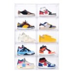 SNEAKARE Stackable Shoe Storage Box | Heavy Duty Plastic Sneaker Crate with Magnetic Door | Shoe Organizer for Men & Women | Fits Upto UK 14 | Durable Shoe Storage Box Clear Pack of-10
