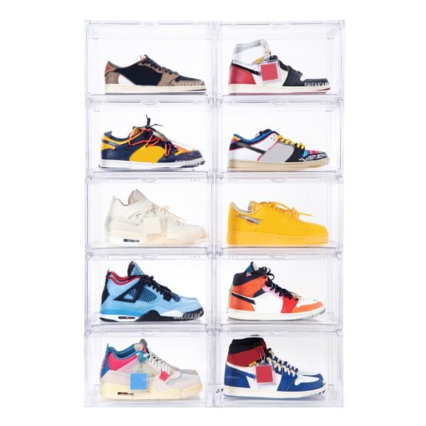 SNEAKARE Stackable Shoe Storage Box | Heavy Duty Plastic Sneaker Crate with Magnetic Door | Shoe Organizer for Men & Women | Fits Upto UK 14 | Durable Shoe Storage Box Clear Pack of-10