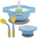 SNOWIE SOFT® 4Pcs Baby Feeding Bowl Set for Baby with Cover, Fork, PriSpoons and Straws, Food Grade PP Suction Cup Bowl Set, Self Feeding for Toddler, Dishwasher & Microwave Safe, BPA Free