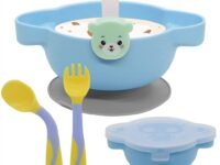 SNOWIE SOFT® 4Pcs Baby Feeding Bowl Set for Baby with Cover, Fork, PriSpoons and Straws, Food Grade PP Suction Cup Bowl Set, Self Feeding for Toddler, Dishwasher & Microwave Safe, BPA Free