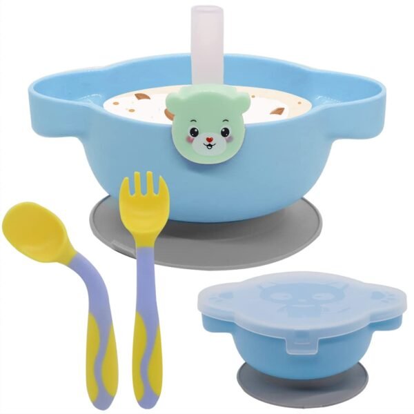 SNOWIE SOFT® 4Pcs Baby Feeding Bowl Set for Baby with Cover, Fork, PriSpoons and Straws, Food Grade PP Suction Cup Bowl Set, Self Feeding for Toddler, Dishwasher & Microwave Safe, BPA Free