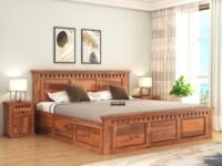SONA ART & CRAFTS Kuber Solid Sheesham Wood King Size Bed with Storage Box | Wooden King Size Cot Bed | Double Bed with Box for Home - Teak Finish (Assembly Included)