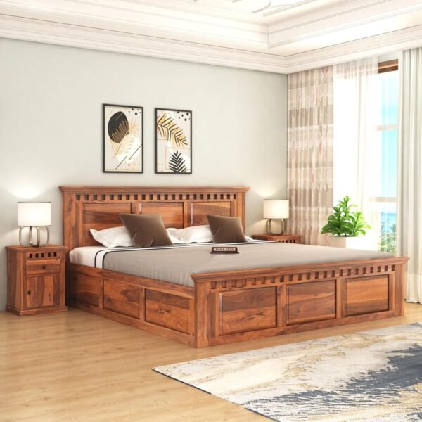 SONA ART & CRAFTS Kuber Solid Sheesham Wood King Size Bed with Storage Box | Wooden King Size Cot Bed | Double Bed with Box for Home - Teak Finish (Assembly Included)