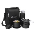 SOPL-OLIVEWARE Teso Pro Lunch Box with Steel Cutlery,3 Microwave Safe Inner Containers with Bpa Free Lids(290Ml,450Ml&600Ml) Plastic Pickle Box(130Ml) Steel Water Bottle(750Ml)-Black,600 ML