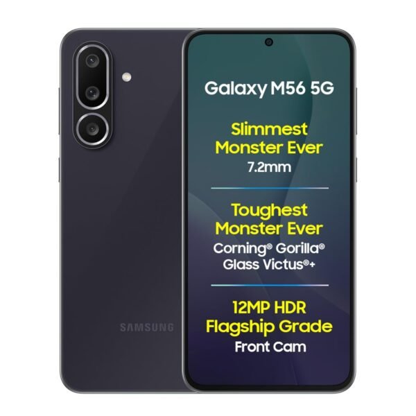Samsung Galaxy M56 5G Mobile (Black, 8GB RAM, 128GB Storage)| Segment's Slimmest | Gorilla Glass Victus+| 10 Bit HDR Video| 50MP Camera| AI | Vapour Cooling Chamber| Lag-Free Gaming| Without Charger